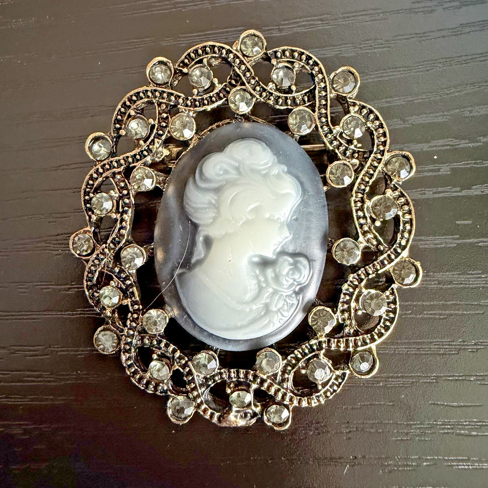 Vintage Cameo Brooch Black Gray Lady Clear Rhinestones Ornate Gold Tone